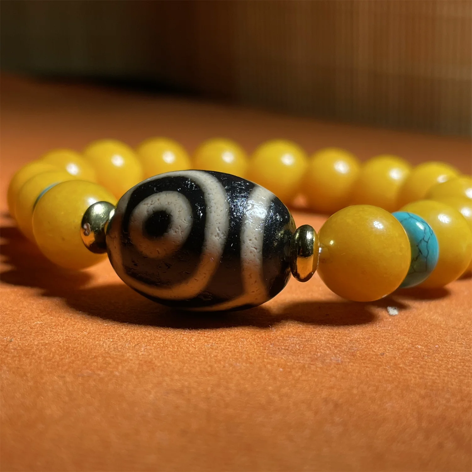 1pcs/lot Natural Two Eyes Dalo Onyx 20×15mm Dzi Bracelet Pair with yellow jade and turquoise Beautifully pretty Ethnic style