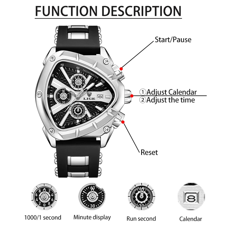 LIGE Luxury Fashion Watches Irregular Triangle Quartz Wristwatch Men Auto Date Clock Silicone Strap Waterproof Luminous Calendar