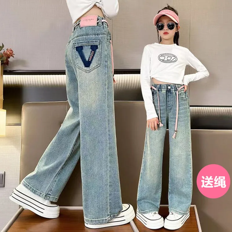 Girls Jeans Loose Simple Teenage Kids Wide Leg Trousers Blue Casual Elastic Waist Straight Leg Pants 12 13 Year Children Clothes