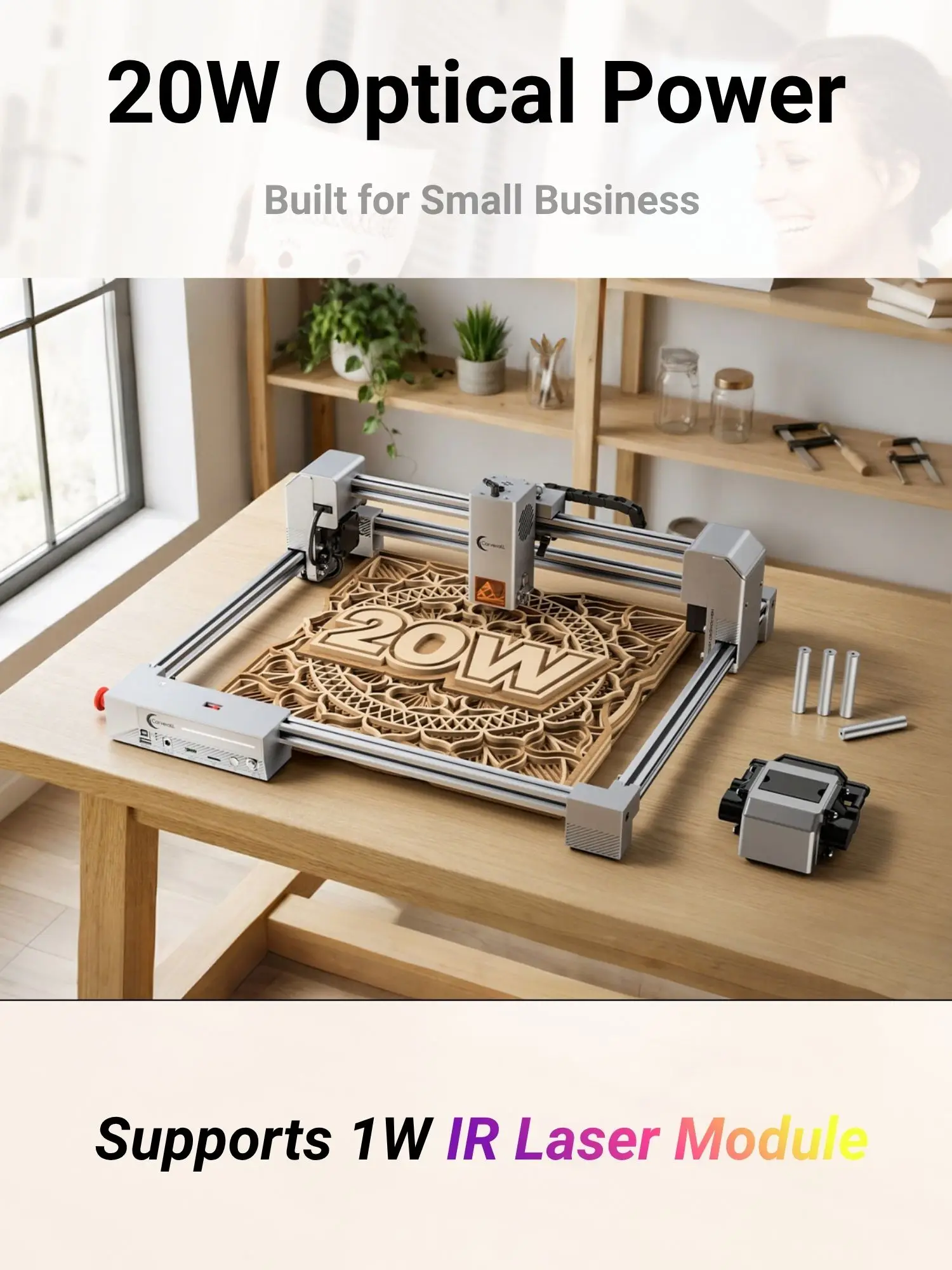 Carverall JL9 20W Lasergravierer und -schneider, 300x300mm Desktop-Lasergraviermaschine mit Doppelmotor-Antrieb, Luftunterstützung, 0,01mm Präzision, 3 Fokusmodi, WiFi/App/LightBurn/CutLabX, für Holz,