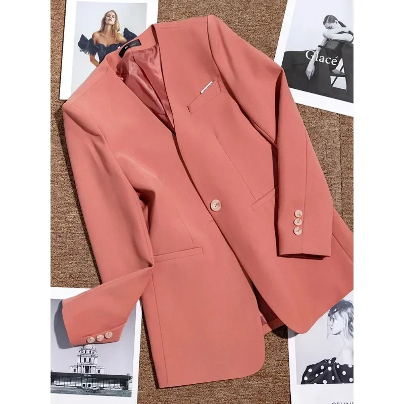 Blazer Formal wanita, jaket kerja bisnis wanita leher V lengan panjang musim gugur dan dingin, Blazer Formal wanita kuning merah muda