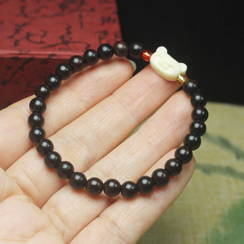 6mm Ebony Bead with Happy Mouse Charm, DIY Bracelet for Women, Buddhist Prayer Beads, Decorative Jewelry