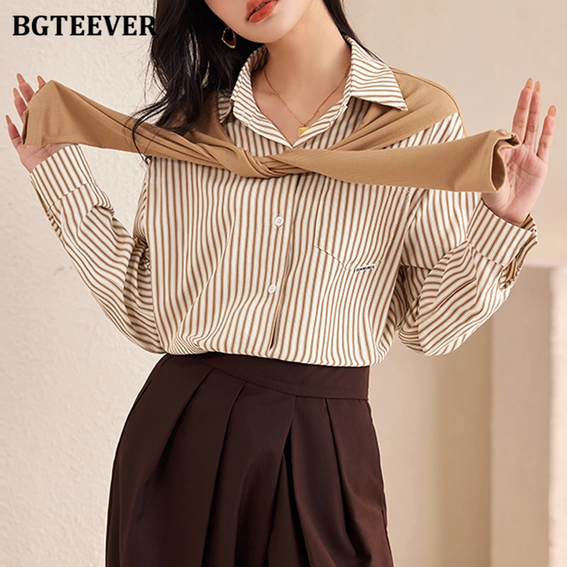 BGTEEVER Stylish Turn-down Collar Ladies Fake 2 Pieces Striped Blouses Casual Long Sleeve Single-breasted Loose Female Shirts