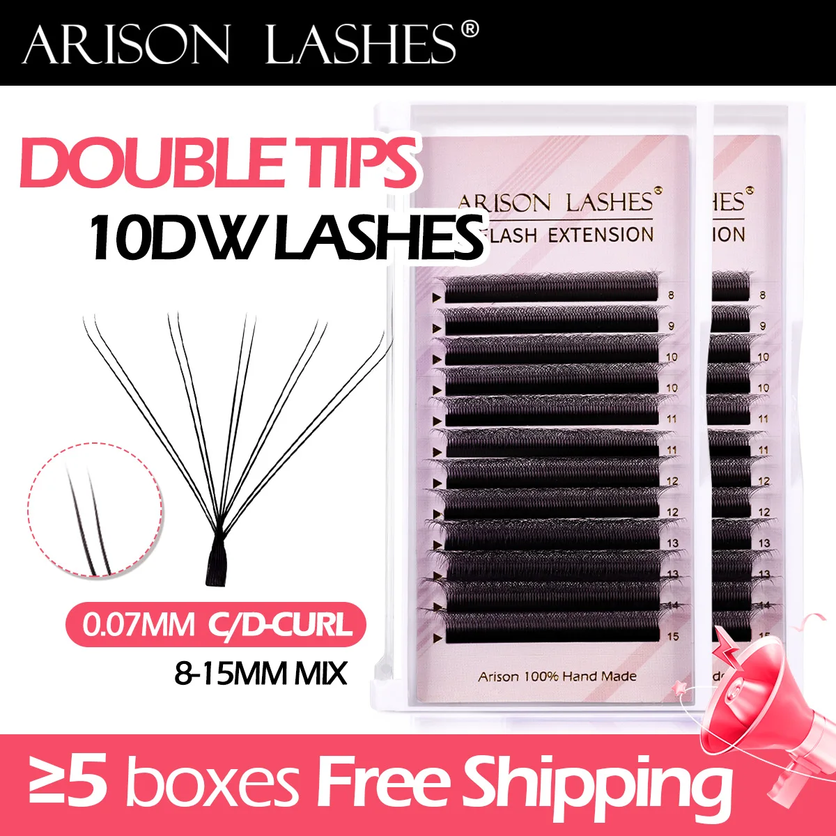 ARISON Double Tips 5DW Lashes 10D W-Shape Eyelash Easy Fan Volume Eyelashes Extension Premium Soft Light Lash Brazilian Cilios