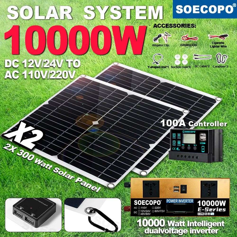 

SOECOPO 6000 Вт 2*300 Вт Солнечные панели Комплект солнечной системы DC 12 В - AC 110 В/220 В Инвертор Кемпинг Двойные розетки USB 5 В/1,5 А Панель для дома