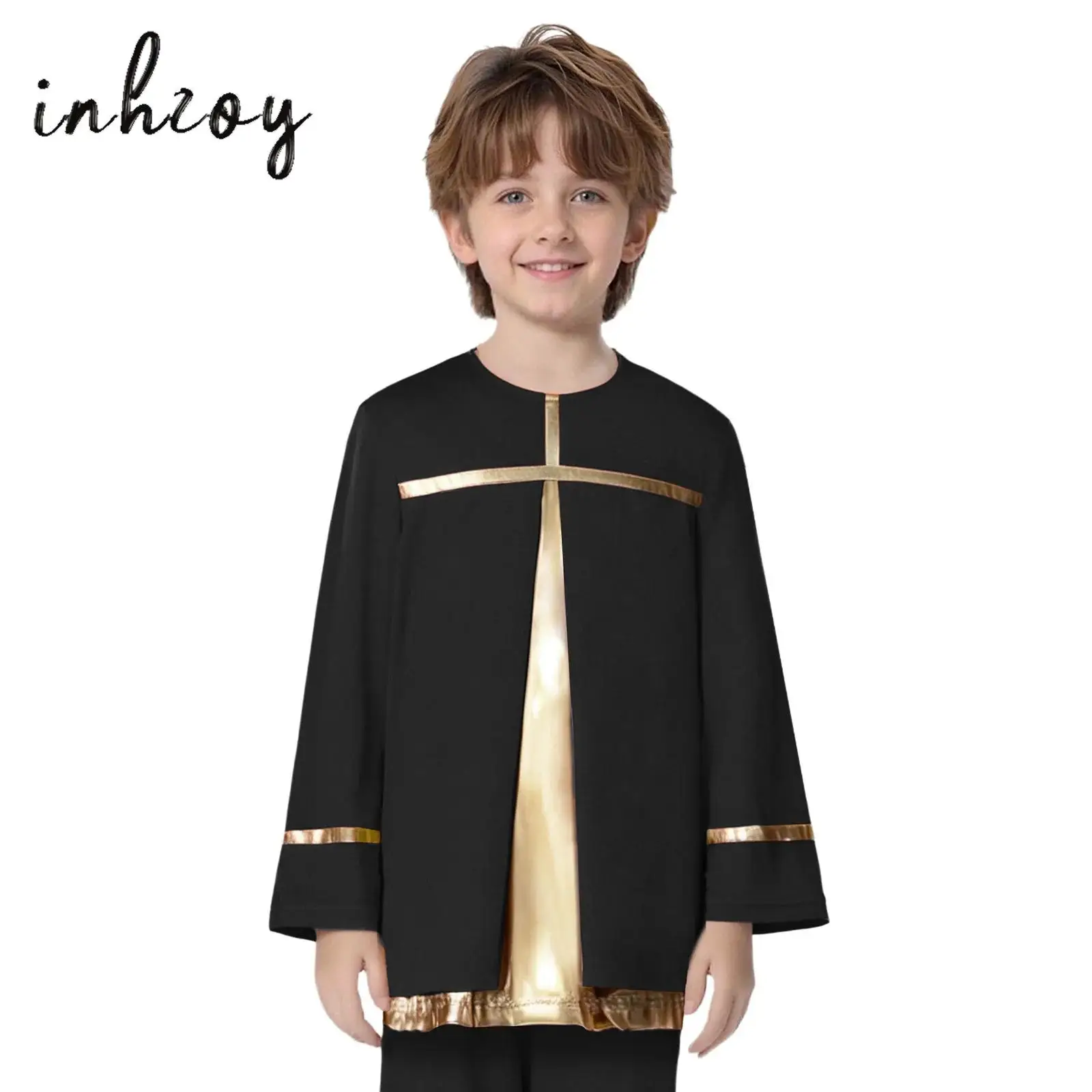 

Kids Boys Girl Liturgical Praise Dance Costume Round Neck Long Sleeve Metallic Color Block Patchwork Blouses Top Choir Dancewear