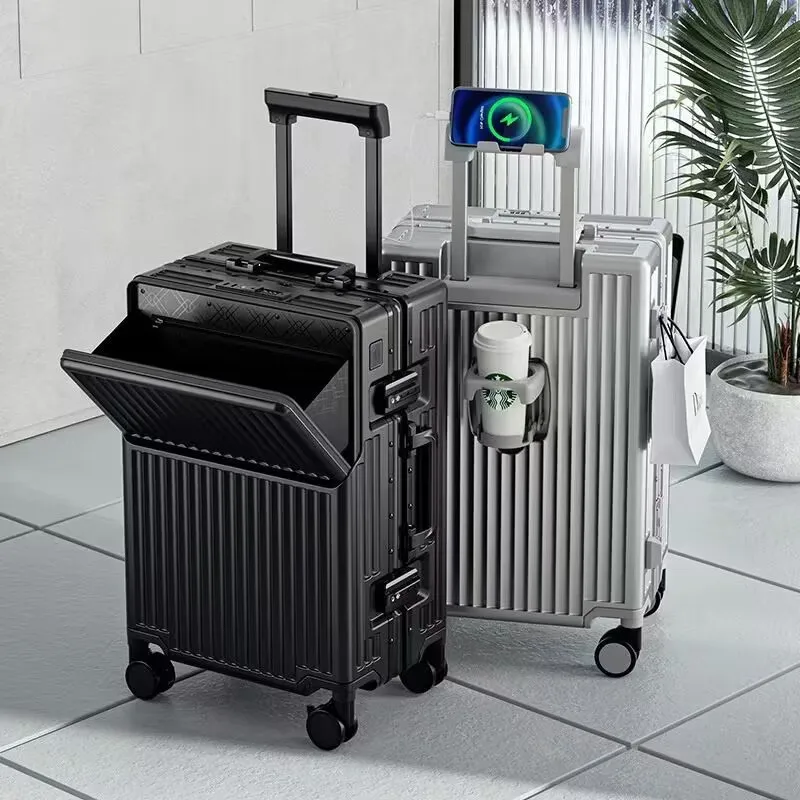 

Multi-Function Travel Suitcase Aluminum Frame with Braked Wheels 20/24/26-inch Front-Opening Trolley Case Medium Size Luggage