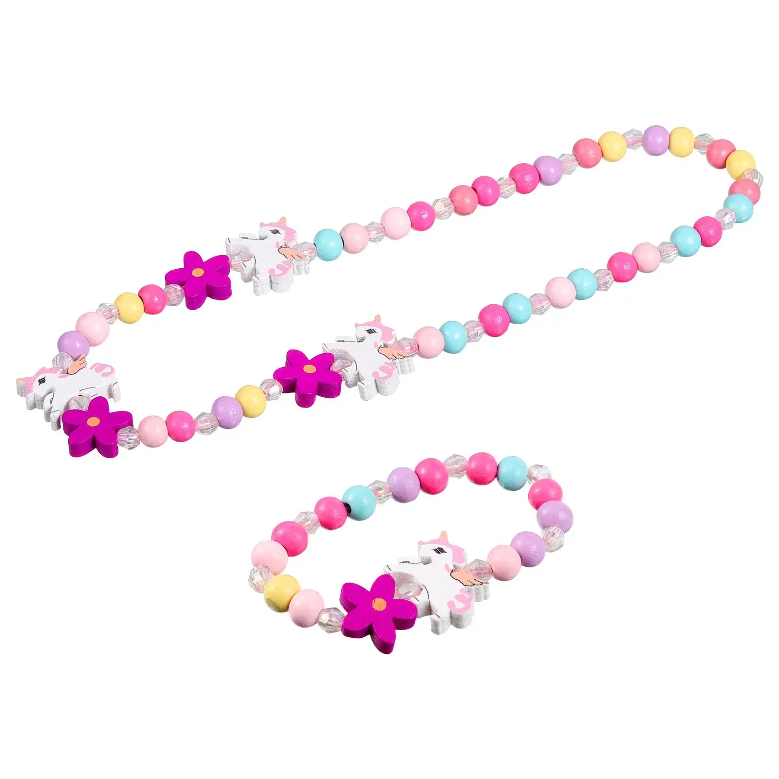 

Wooden Beaded Necklace Bracelet Set Multi Colored Unicorn Kids Toddler Dress Up Photography Prop Plastic Beads H made