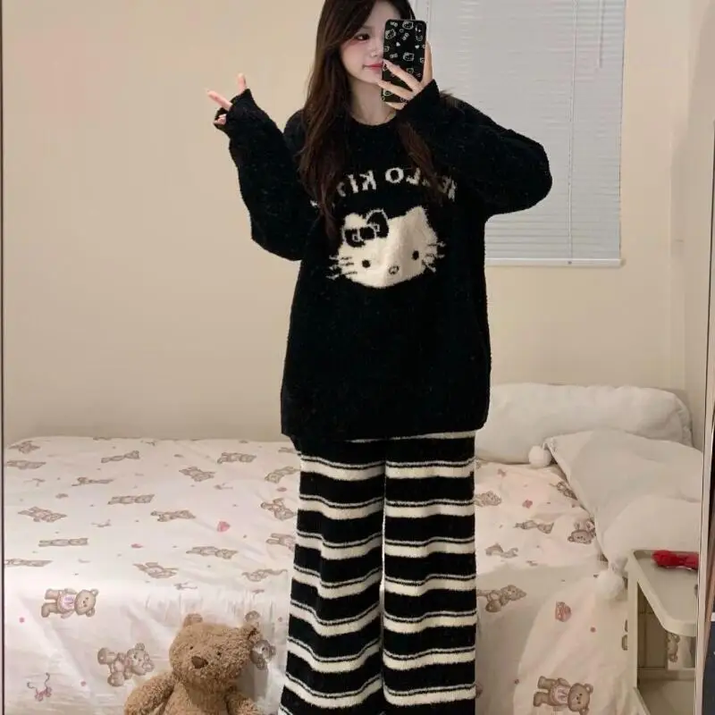 Popular Hello Kitty Girl Coral Velvet Pajamas for Women Winter Thickened Can Be Worn Outside Comfortable Home Clothes Cartoon