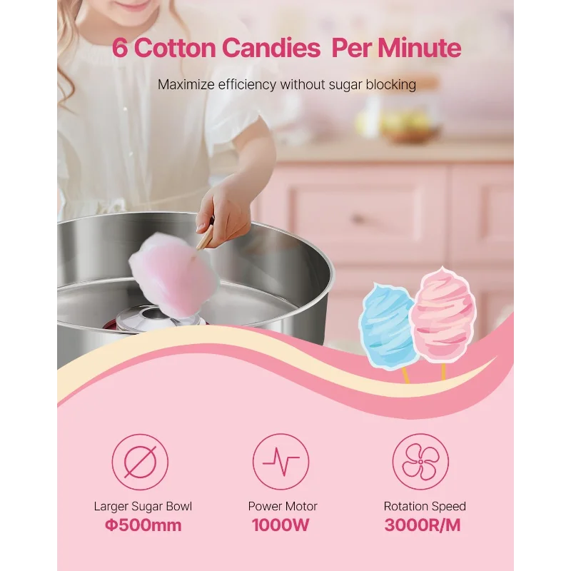 VEVOR Macchina elettrica per zucchero filato, filo interdentale commerciale da 1000 W con ciotola in acciaio inossidabile, paletta per zucchero e cassetto, perfetta