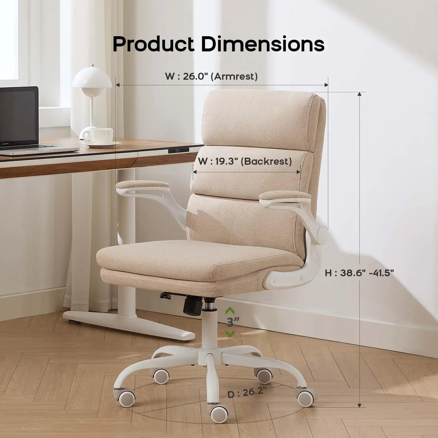 Small Desk Chair Flip-Up Arms Home Mid Backrest Dual Cushion PU 90° Lock 115° Tilt Rocking 300lbs, Customized