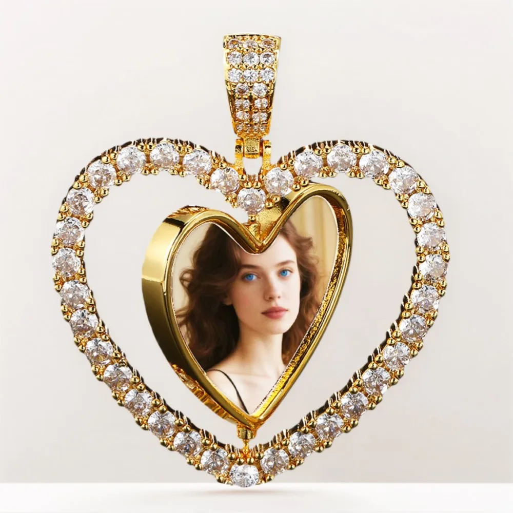 

Customized Photo Double-sided Couple Spin Pendant Necklace Ice Out Gold Color Hip Hop Rock Fashion Jewelry Gift Dropshipping