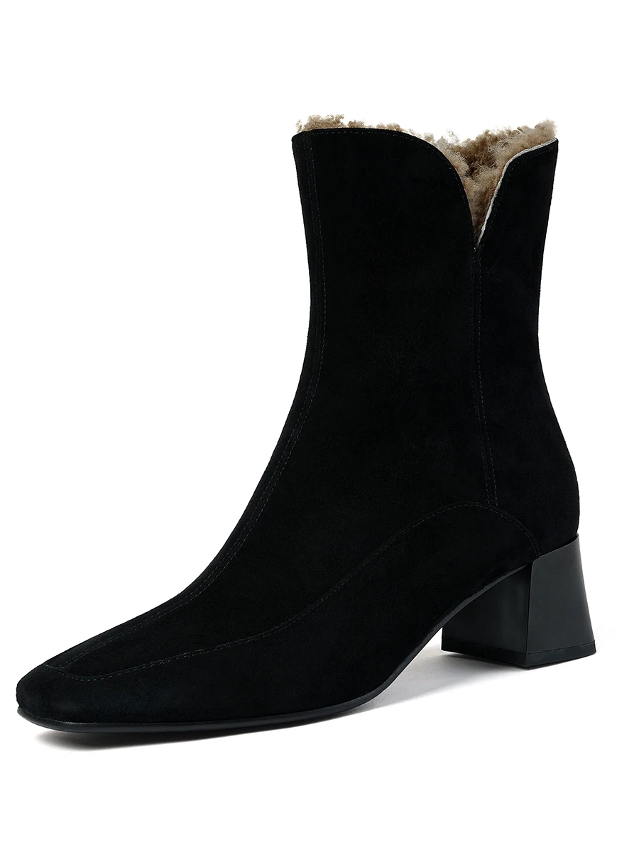 Women's Genuine Suede Ankle Boots - Winter Block Heels