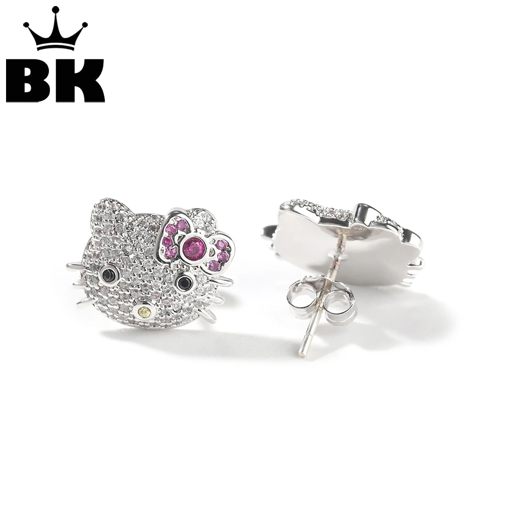 THE BLING KING Kawaii Cat Earrings for Women Full Iced Out Cubic Zirconia Bling Stud Earring Fashion Hip Hop Jewelry