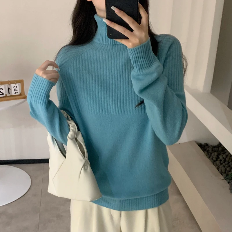 Autumn Winter Turtleneck 100% Wool Sweater Knitted Half Drow Strips Soft Pullovers Female Cashmere Jumpers Loose Basic Sweaters