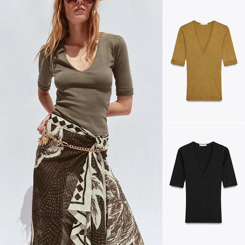 เสื้อยืดผู้หญิงฤดูร้อนใหม่ ดีไซน์เรียบง่าย คอวี แขนสั้น หลากสี ผ้าเนื้อนุ่ม สวมใส่สบาย ทรงเข้ารูป เหมาะสำหรับใส่ไปทำงาน ผลิตจากเส้นใยโพลีเอสเตอร์