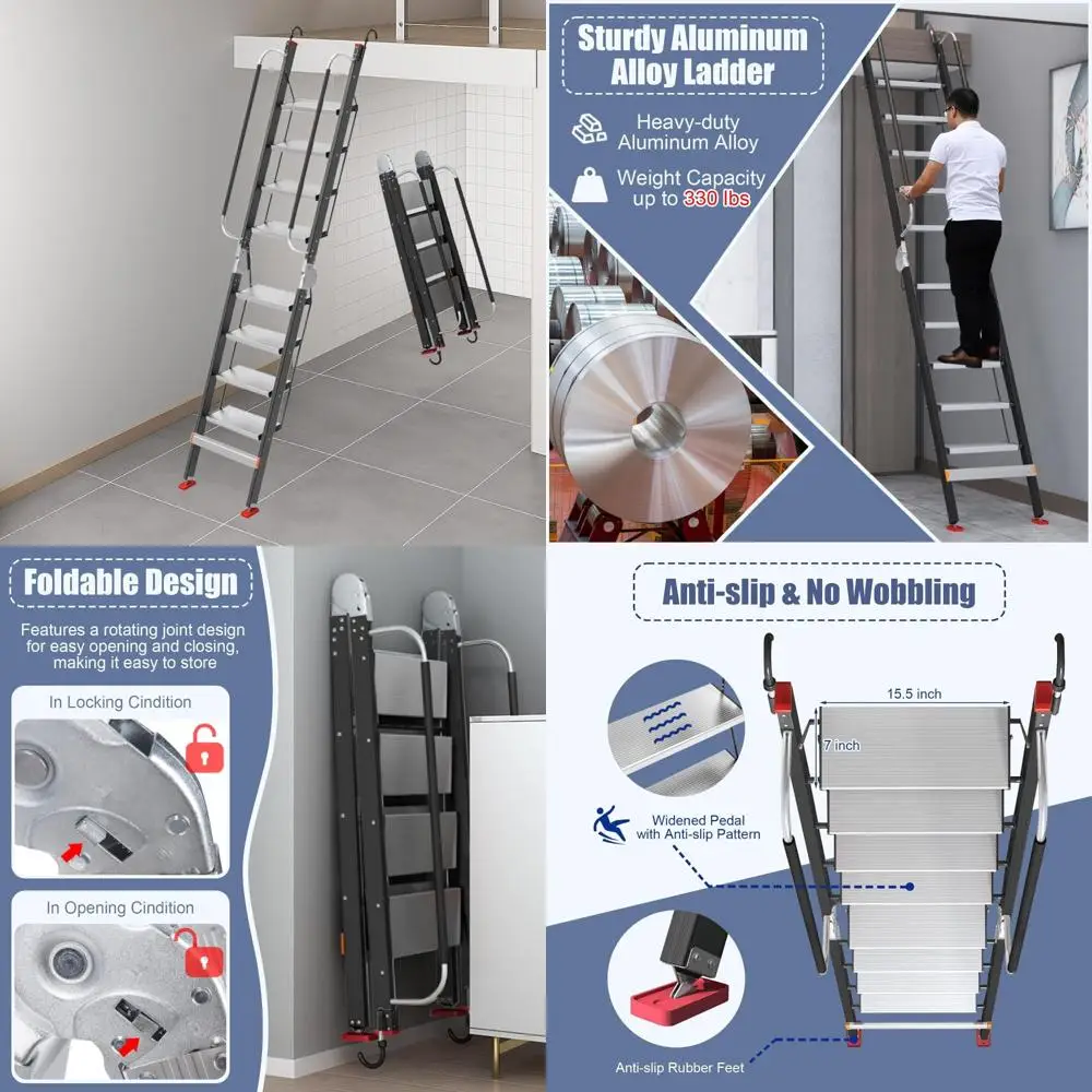 Durable 8.5ft to 9.5ft Foldable Aluminum Loft Stairs with Handrails and Hooks for Bunk Beds and 8-Step Attic Access