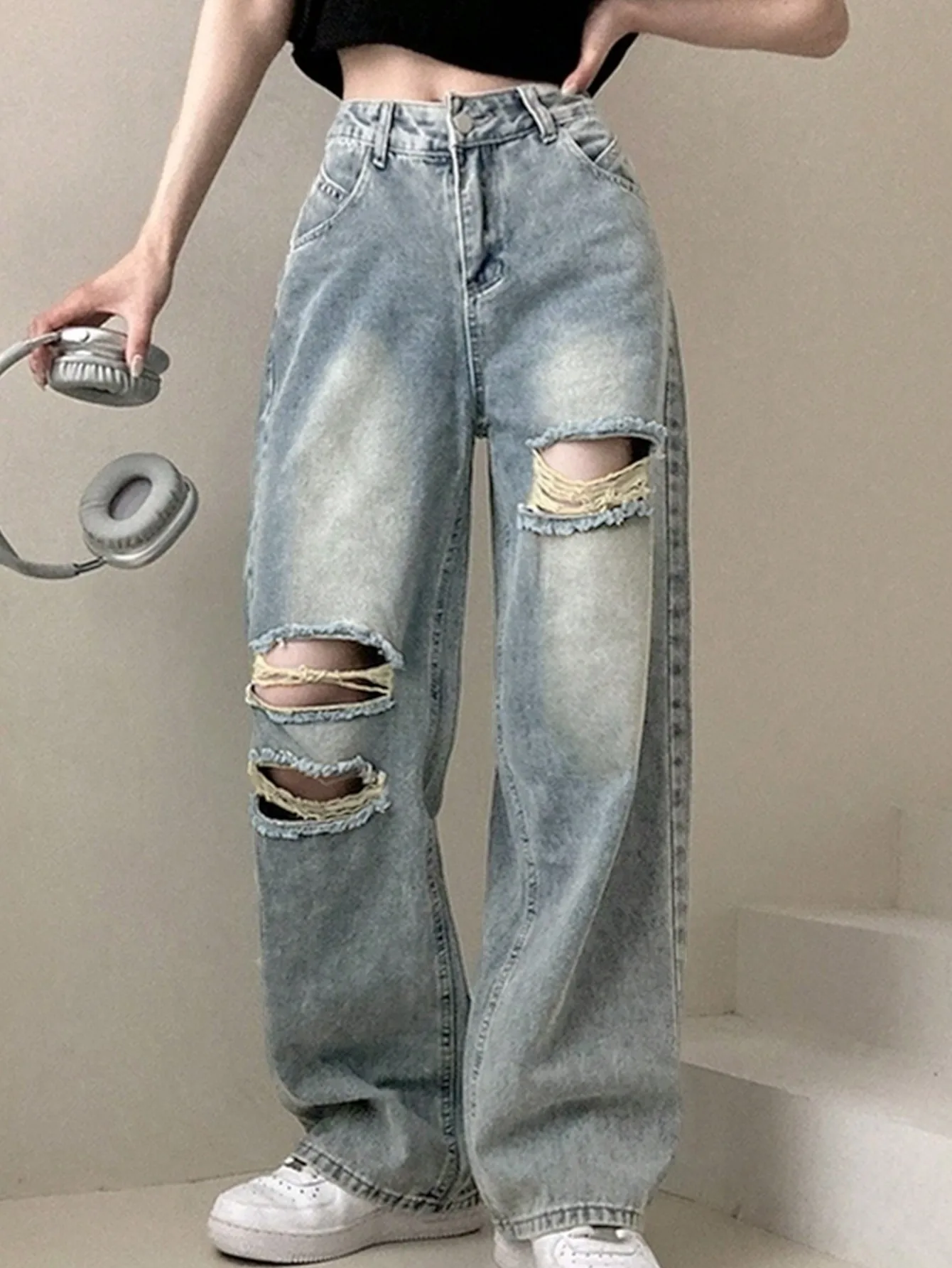 American Hottie Retro Ripped Jeans 2024 New Style This Year's Popular High-Waisted Narrow Straight Pants for Women