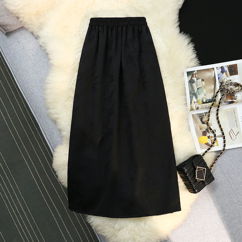 자카드 버클 중간 길이 분할 하이 웨이스트 A 라인 스커트 여성용, 중국 스타일, 2024 용수철 여름 신상