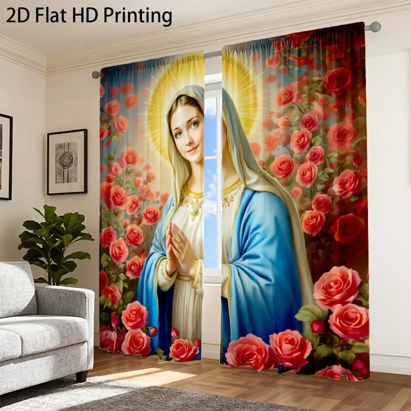 2D Flat, 2pcs Panels Virgin Mary Curtains Suitable For Christmas Decor, Filtering Sheers - Modern Religious Window Treatments