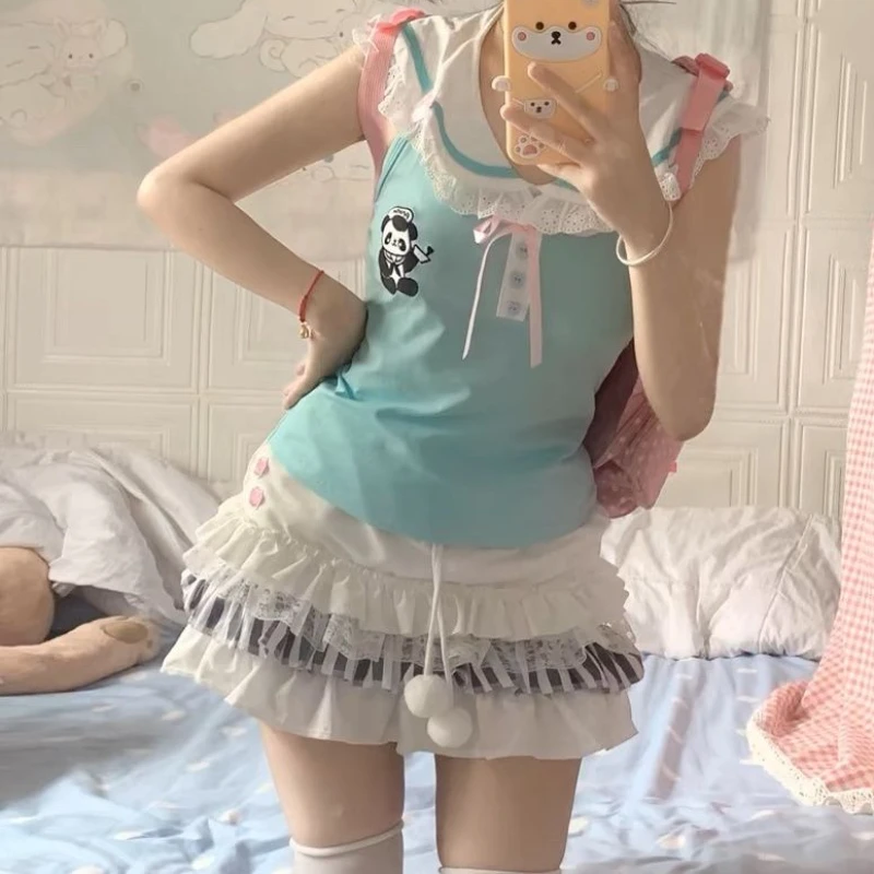 HOUZHOU-Falda corta Kawaii para mujer, minifalda blanca de retazos de encaje con volantes y cintura elástica, estilo japonés Y2K Harajuku, Lolita