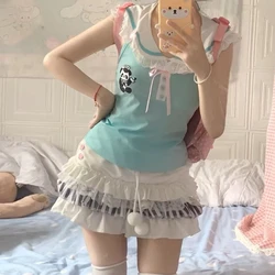 HOUZHOU Kawaii Short Skirt Women Japanese Y2K Harajuku Lace-up Elastic Waist Ruffle Lace Patchwork White Mini Skirt Lolita Cute