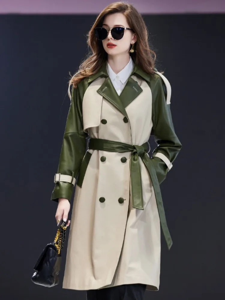 New Autumn Panelled Colour High Quality Women Genuine Leather Long Coat Office Ladies Double Breasted Sheepskin Trench Overcoat