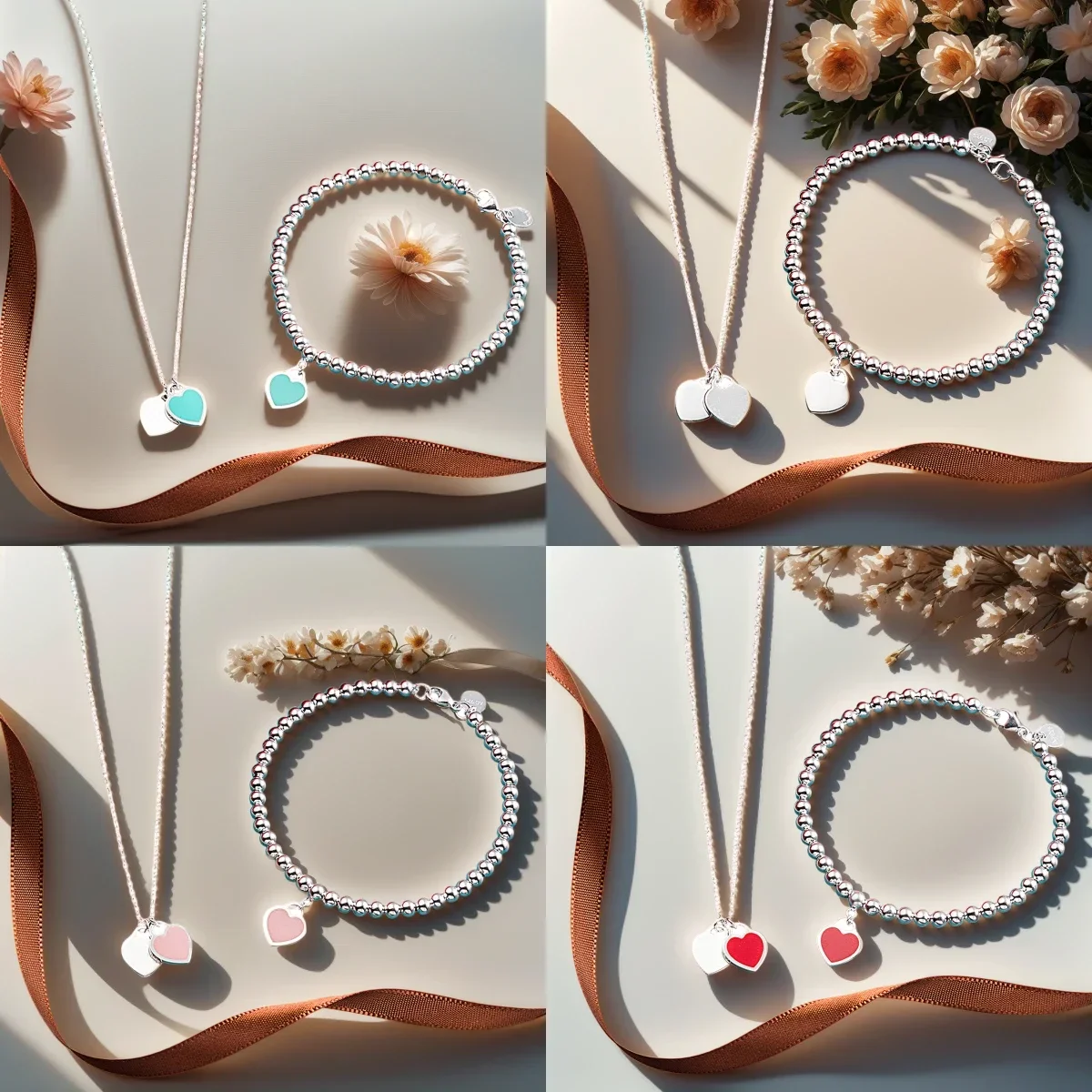 

S925 Silver Classic Enamel Double Heart Bracelet Necklace Set Exquisite Fashion Women's Jewelry Set Gift Mother's Day Gift