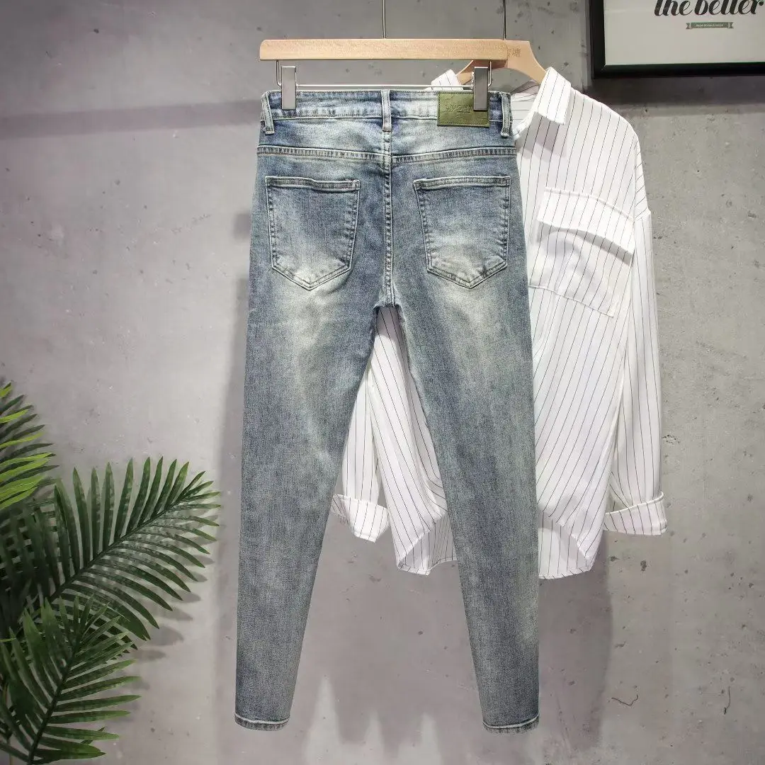 Fashion Casual Denim Jeans for Spring and Autumn 2024 New Pencil Pants Men's Vintage Korean Style Tight-Fitting Elastic Jeans