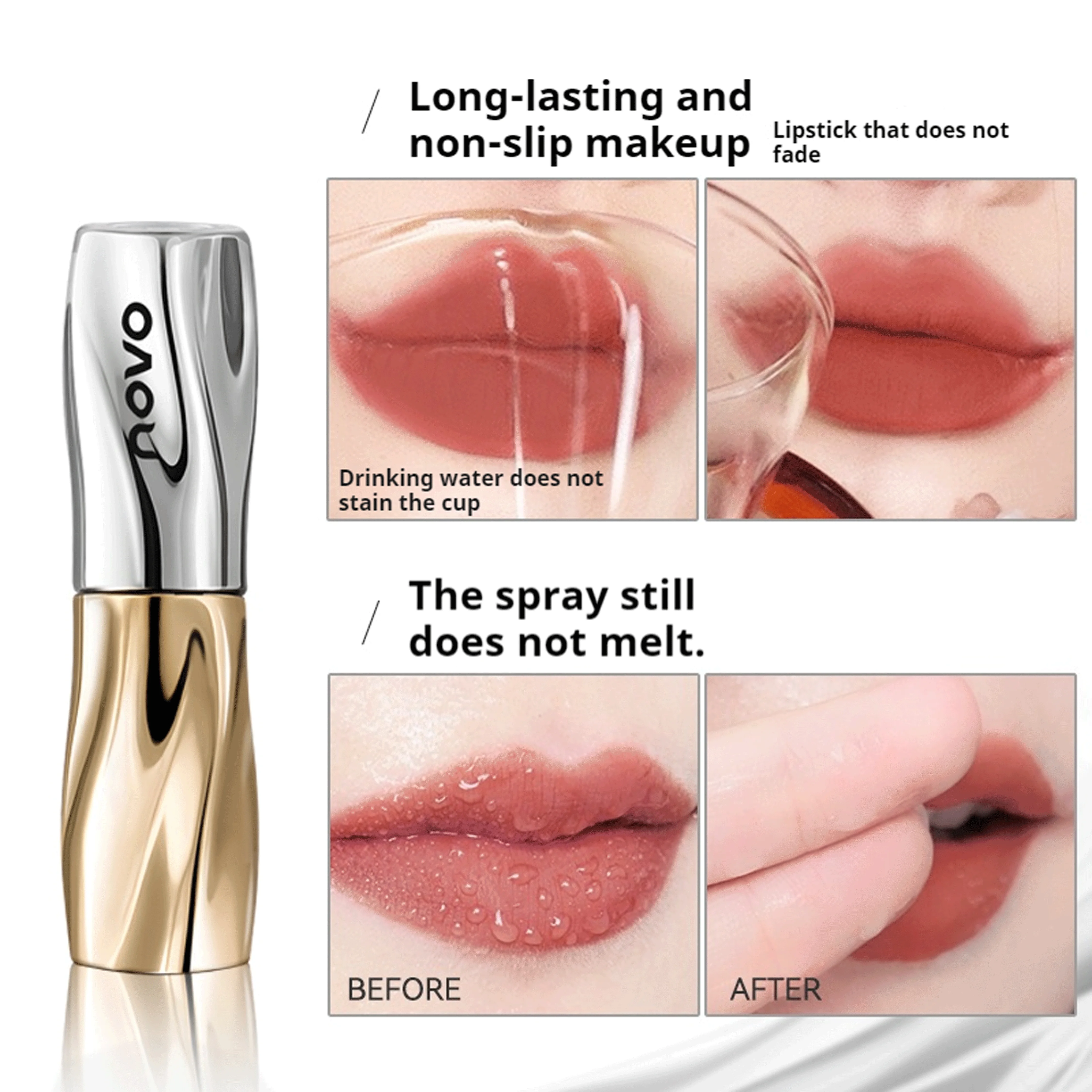 NOVO Wasserfester, schweißbeständiger, farbefreier, nicht transferrierender mattierter Lippenstift für den Alltag, natürliches Aussehen und Raffungen.