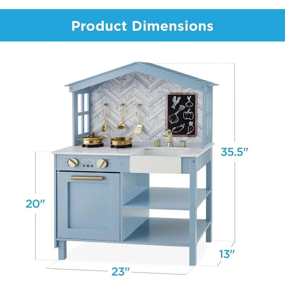 Juego de cocina de juguete de granja, juego de simulación de madera para niños con pizarra, Fondo de mármol, ventanas, almacenamiento, productos de la mejor elección