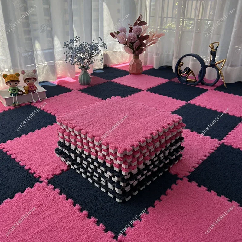 16Pcs Square Fuzzy Play Mat 30x30x1CM Plush Foam Interlocking Floor Mat Puzzle Area Rug Easy To Install Climbing Carpet Tiles