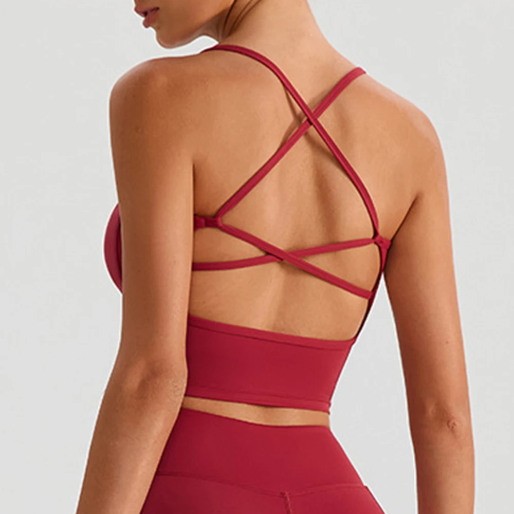 

Сплошной цвет, жилет для йоги с несколькими бретелями и перекрестной спиной, женский спортивный бюстгальтер для фитнеса, тренажерный зал, топ для йоги, спортивная тренировочная майка с накладкой на грудь