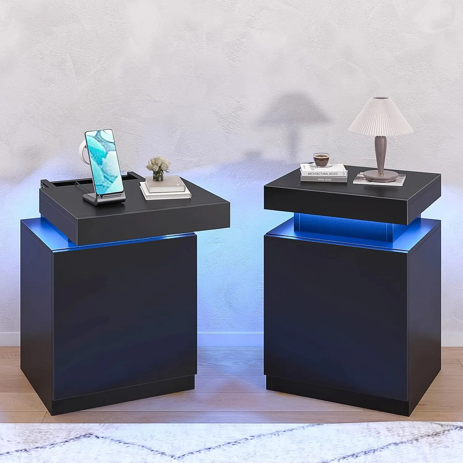 Nightstand Set of 2 with LED Light & USB Charging, Sliding Top Storage, Modern Bedside Table for Bedroom, Black, Customized