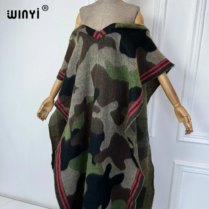 WINYI camouflage colour African women winter long down poncho abaya dubai luxury party dress shawl cape poncho for women luxury