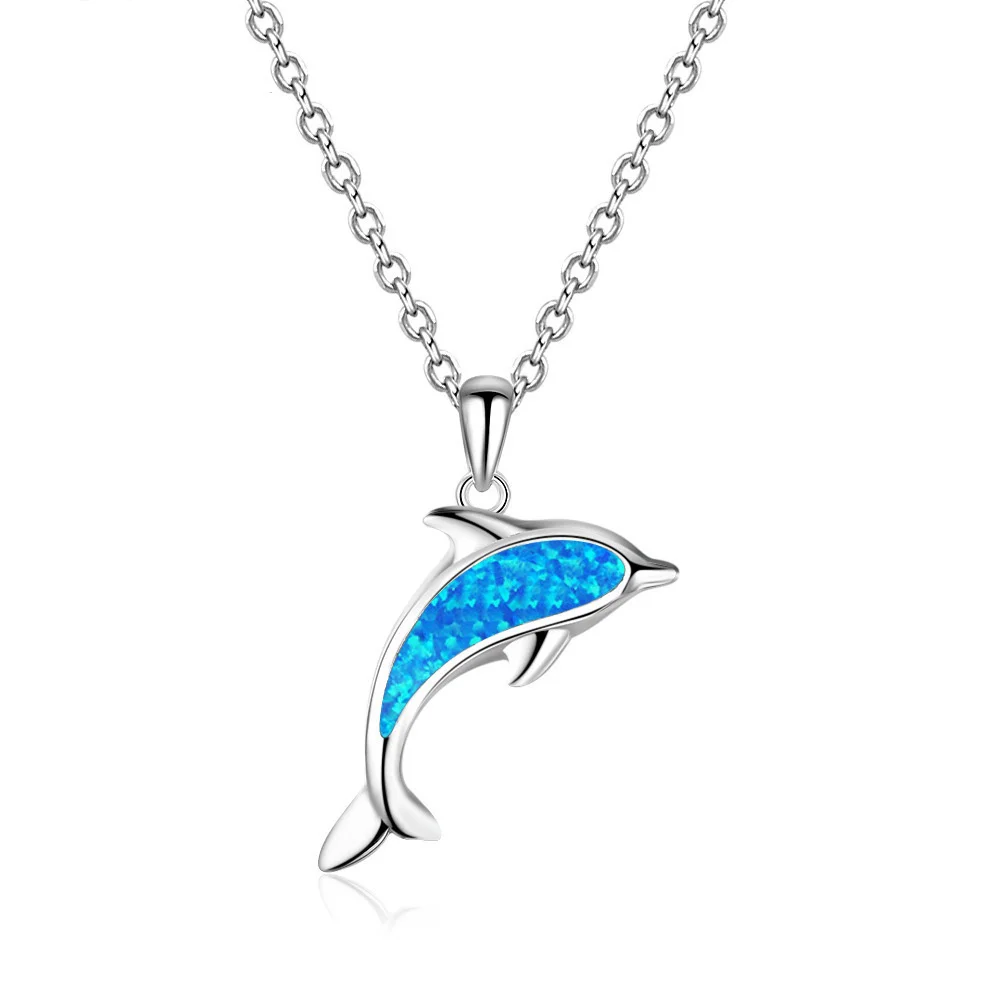 Cute Female Dolphin Pendant Necklace Blue Opal Stone Chain Necklaces For Women Vintage Fashion Silver Color Ocean Animal Jewelry