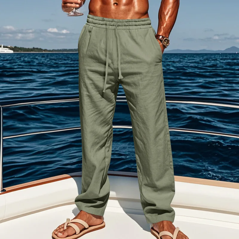 

Spring and summer new men's solid-color cotton and linen casual long pants, Hawaiian beach loose sports and breathable street pa