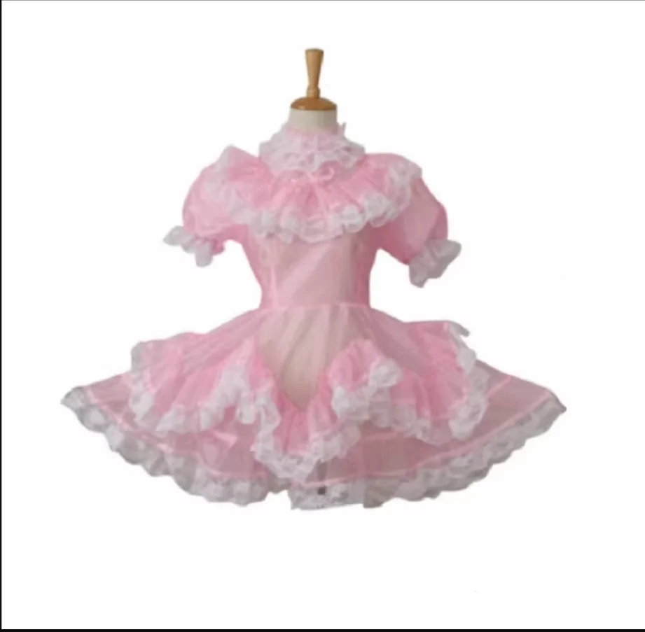 

Hot Selling Pink Sexy Lace Organza Sissy Can Fully Lock in Perspective Dresses, Seductive Uniforms Can Be Customized in Multiple