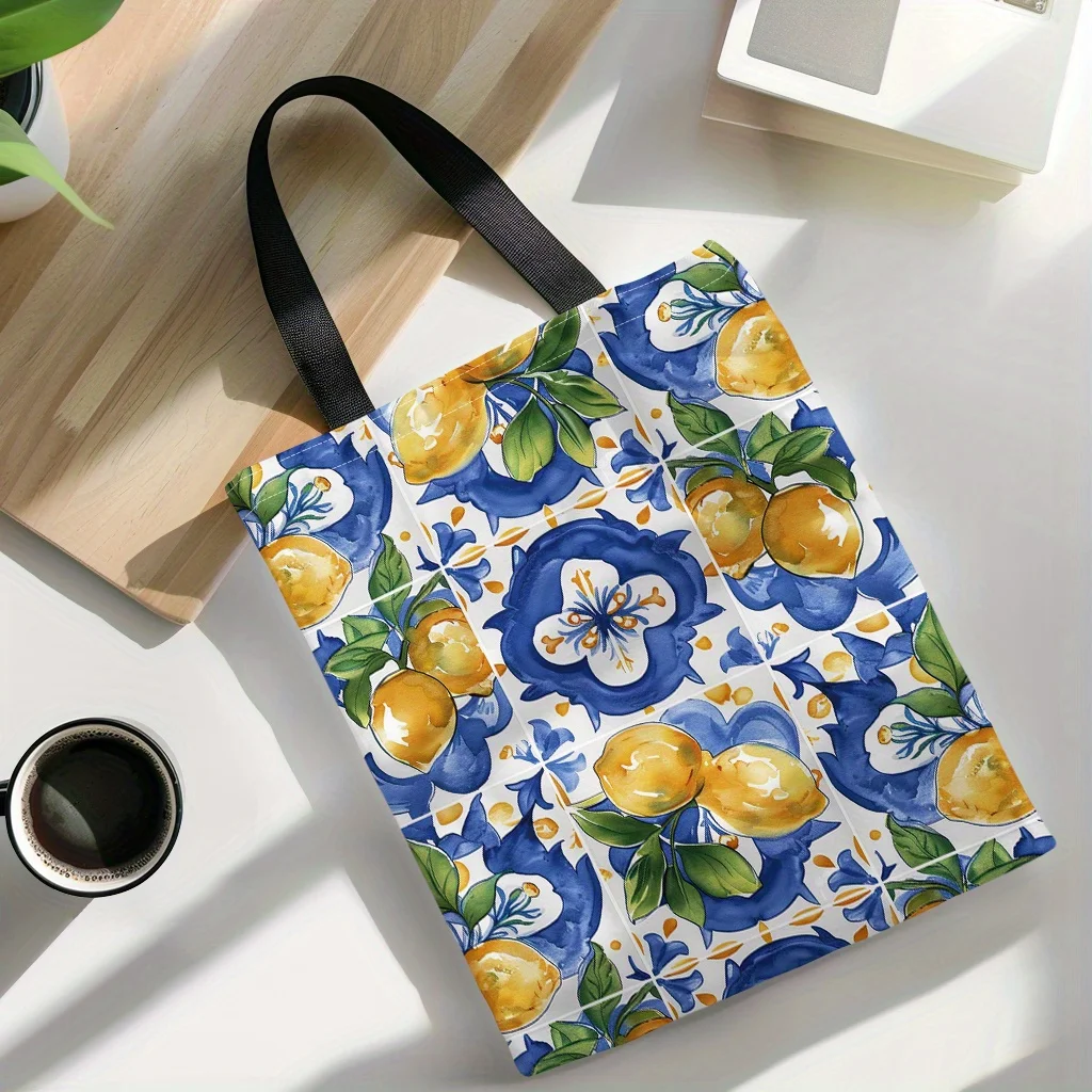 1pc Vibrant Watercolor Lemon Tropical Plant Tote Bag - Retro Style Perfect for Shopping Multi-Functional Handbag