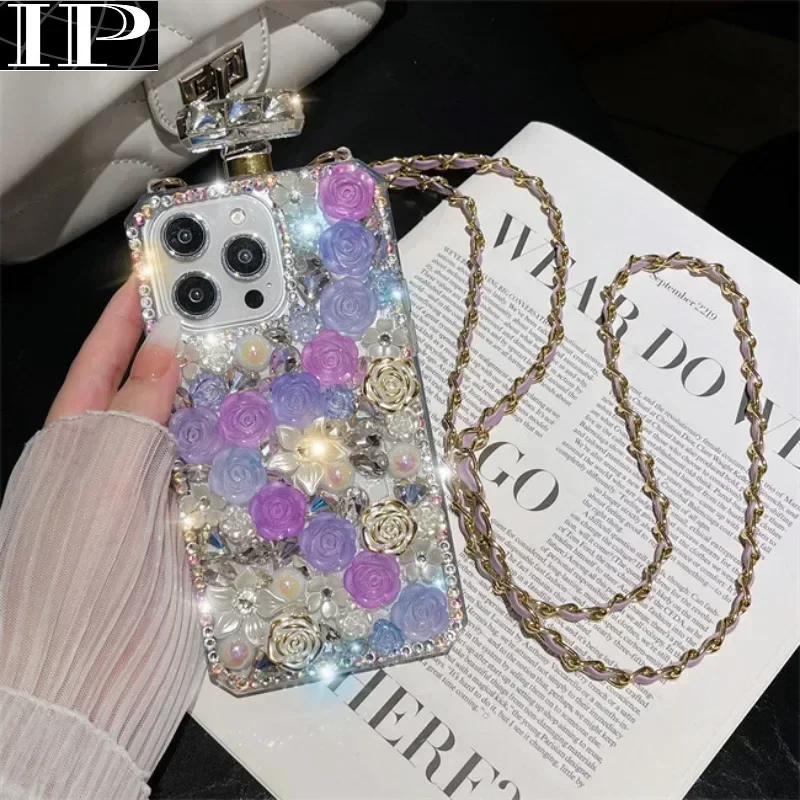 Luxo Bling Rose flores crossbody diamante tampa do telefone, caso para iPhone 15Pro, 14Plus, 13 Pro, 12 Mini, 11Pro Max, XS MAX, XR, 7, 8 Plus