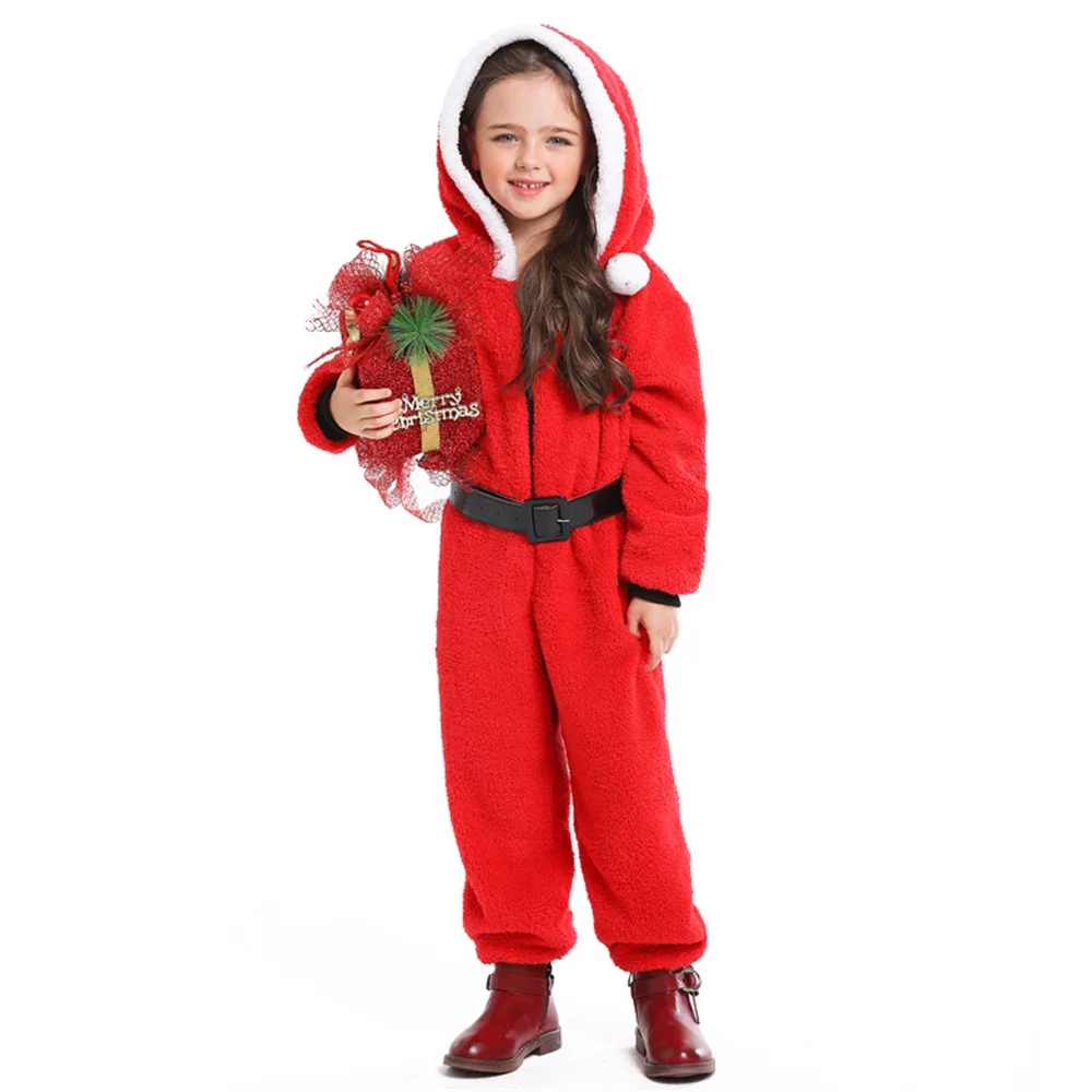 Women Kids Christmas Santa Claus Costume Suit Xmas Party Cosplay Christmas Elf Parent-Child Coral Fleece Home Jumpsuit Pyjamas