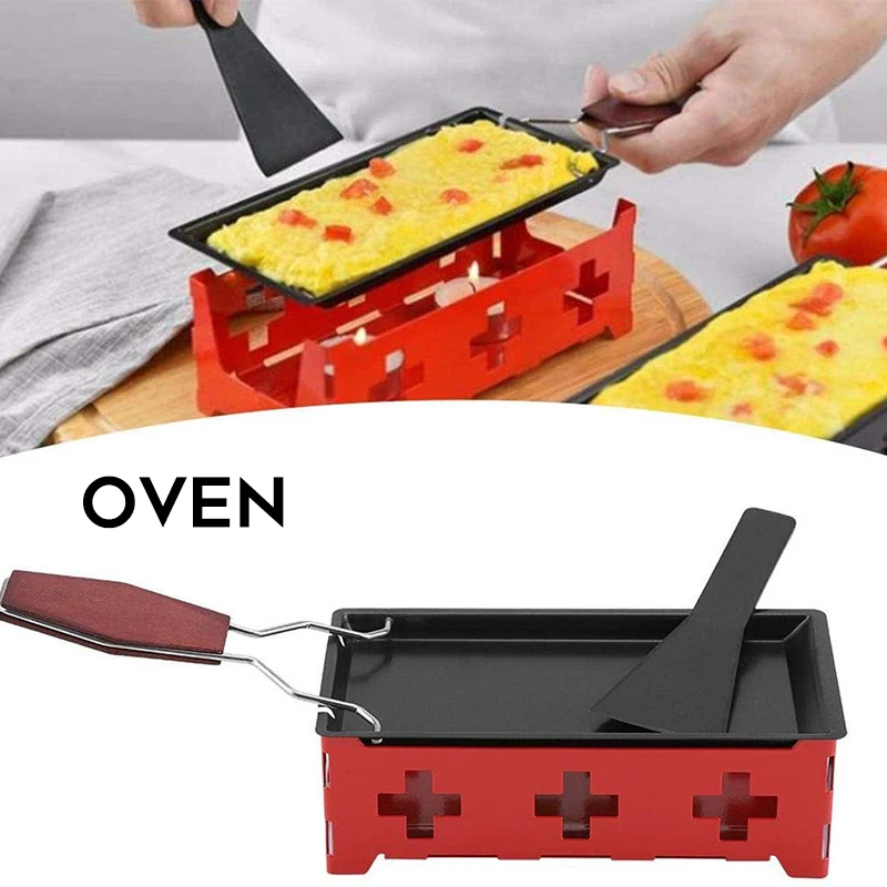 Metal Carbon Steel Mini Cheese Raclette Non-stick Coating Candles Heated Baking Tray Foldable Handle with Spatula Cook Set