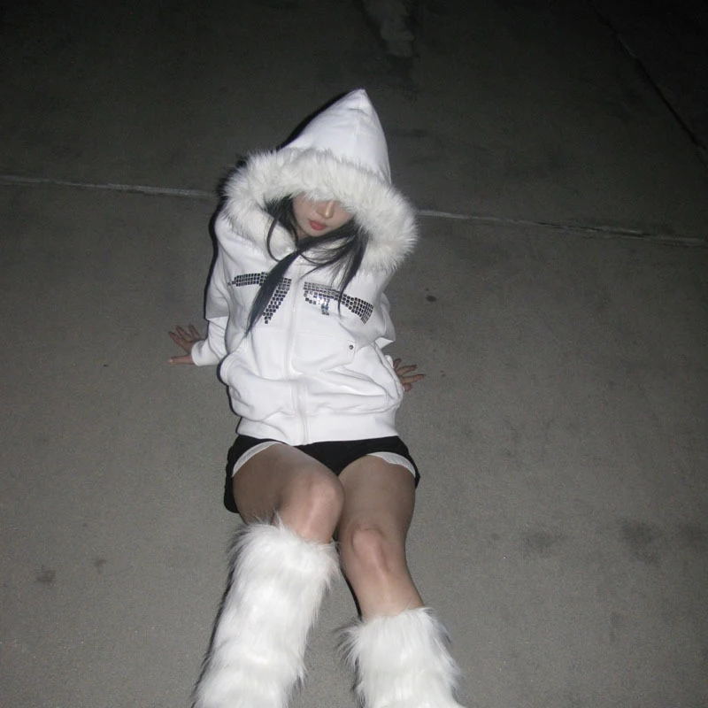 Winter Fashion Streetwear Women's White Faux Fur Hooded Jacket With Sequin Gun Print Trendy Y2K Edgy Zip-Up Sweatshirt 2025 New