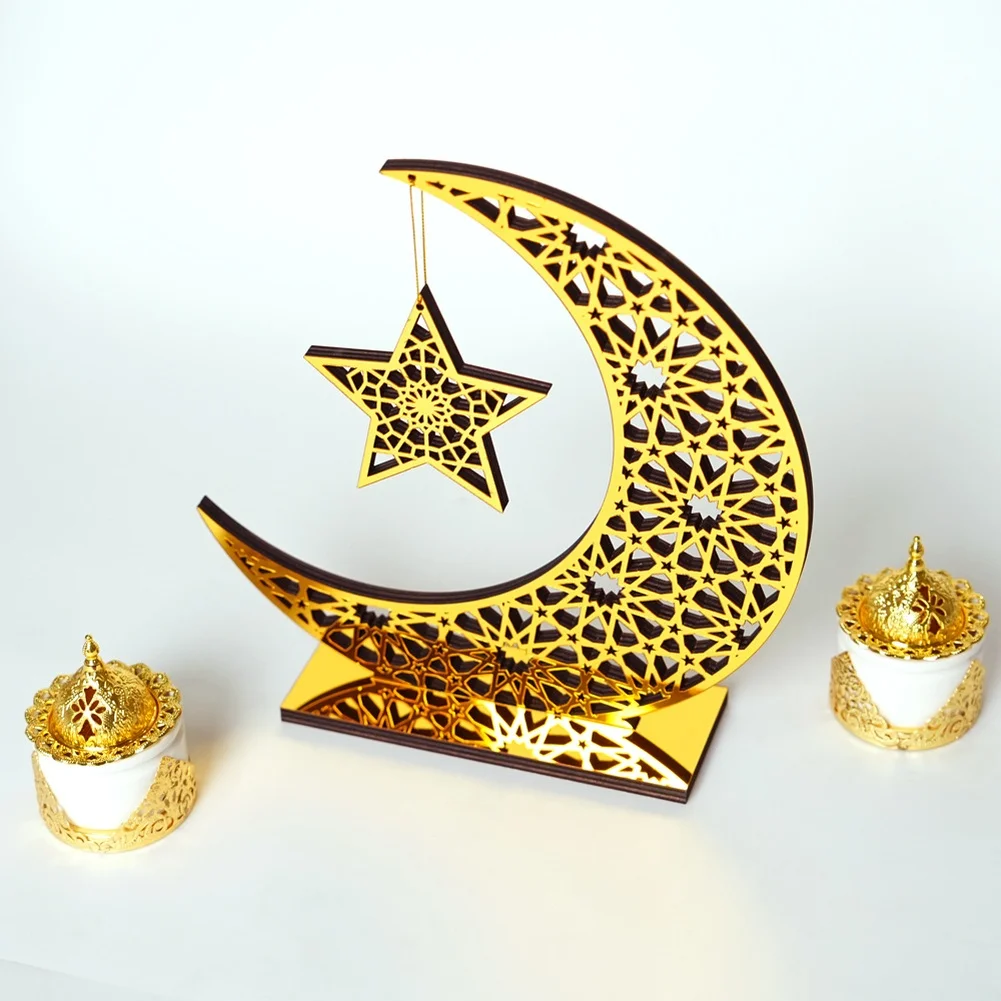 3D Star Moon Ethnic Style Wooden Stand Gold Mirror Ornament Desktop Tabletop Display Decor For Home Bedroom Living Room Party