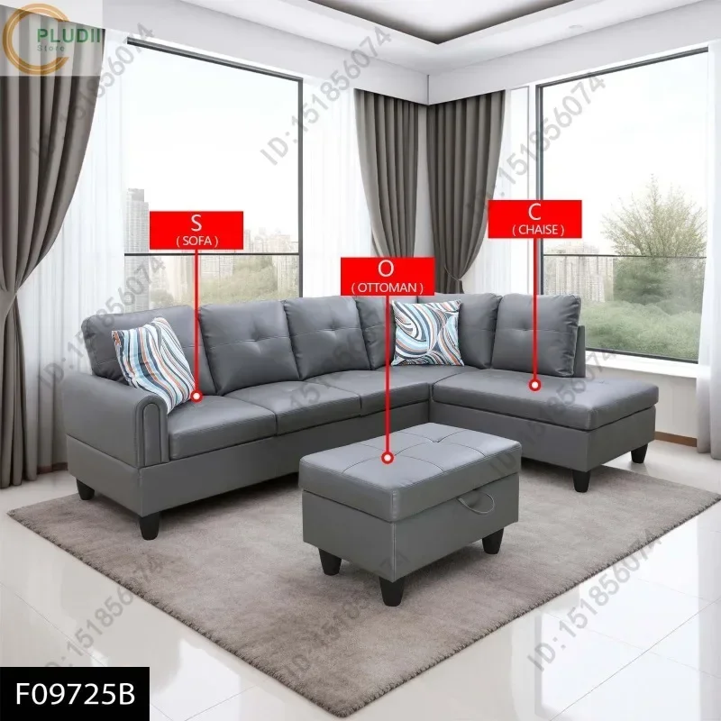 Sofás de couro sintético cinza escuro, conjunto de sofá de 3 peças para sala de estar, sofá secional moderno em forma de L para apartamento de luxo ​   Escritório de estúdio