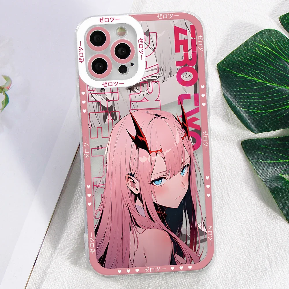 DARLING FRANXX Zero Two Phone Case for iPhone 16 15 14 Plus 13 12 Mini 11 Pro Max X Xs XR 7 8 Border Print Transparent Soft Capa