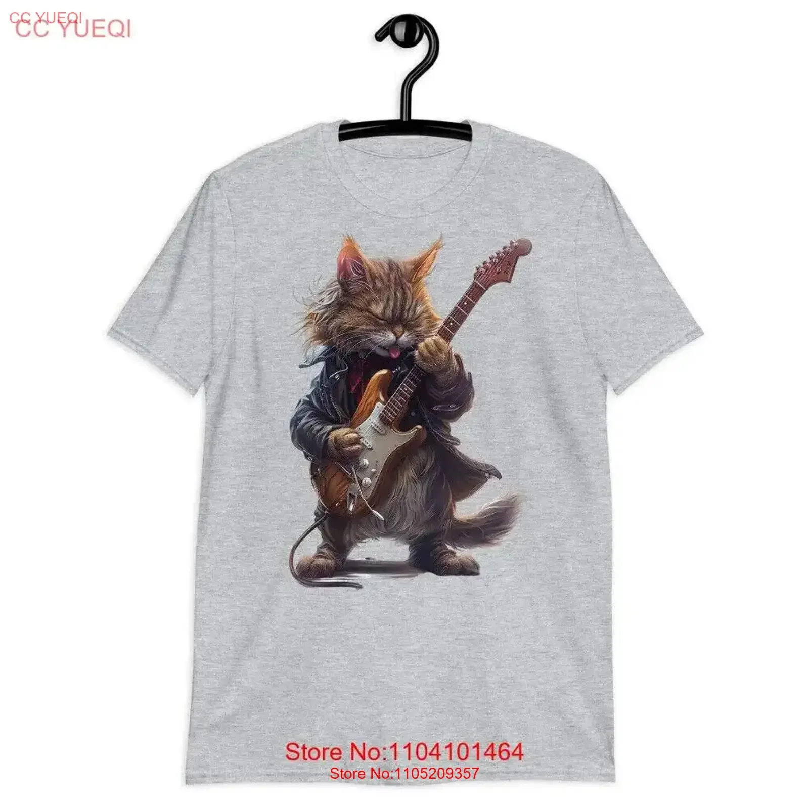 

Cat with Long Hair Playing Electric Guitar T Shirt Fun Music vintage Washed designer clothes homme graphic Comfortable Slightly