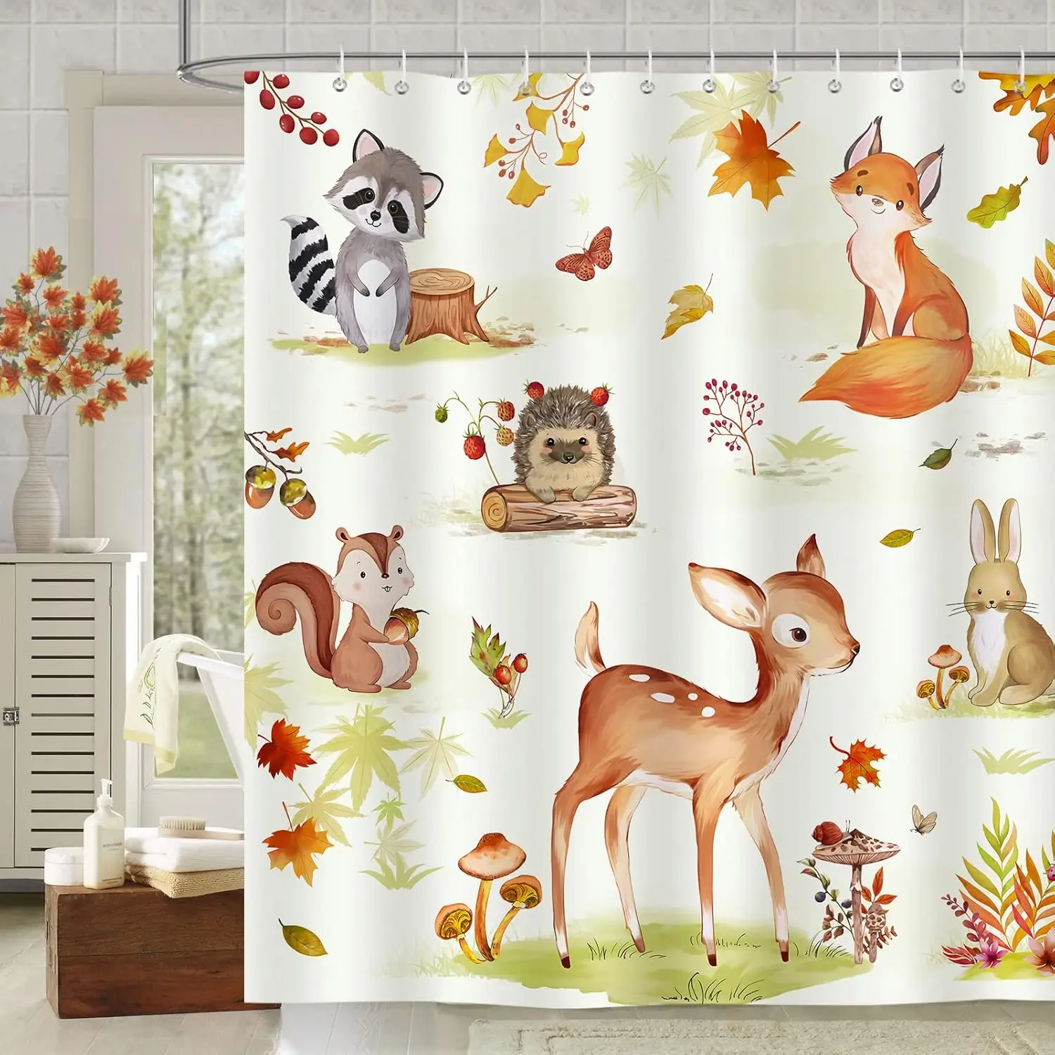Autumn Woodland Animal Shower Curtain, Deer Fox Raccoon Print, Waterproof Fabric Rustic Bathroom Curtain with Hooks