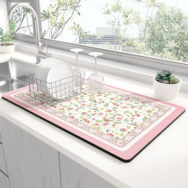 Floral Butterfly Kitchen Drying Mat Non-Slip Heat Resistant Countertop Decor Pad Modern Country Style Home Decor Sink Mat