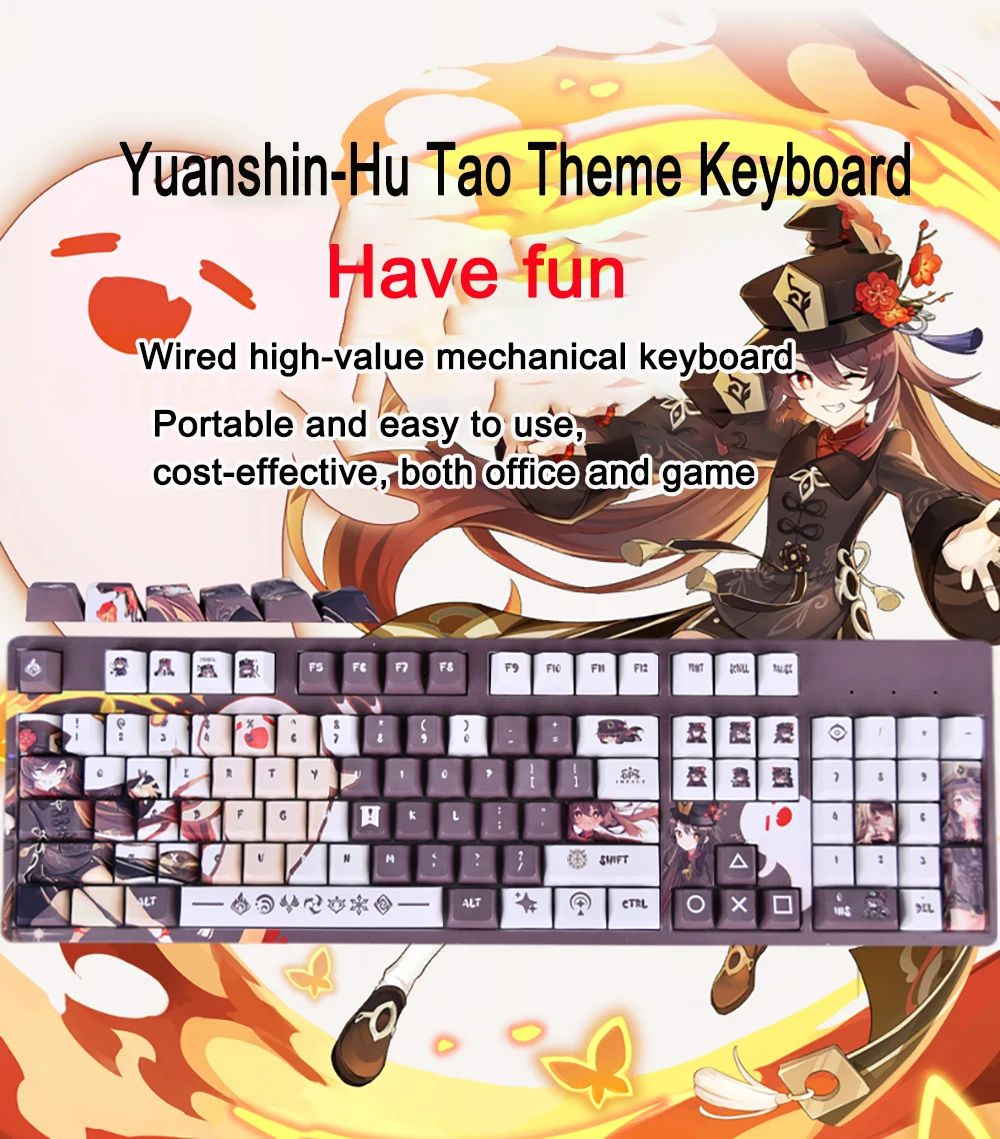 Wired Keyboard 104 Key Genshin Impact Theme Keyboard PBT Anime Keycap Mechanical Keyboard For Cherry MX Multi-role Game Keyboard